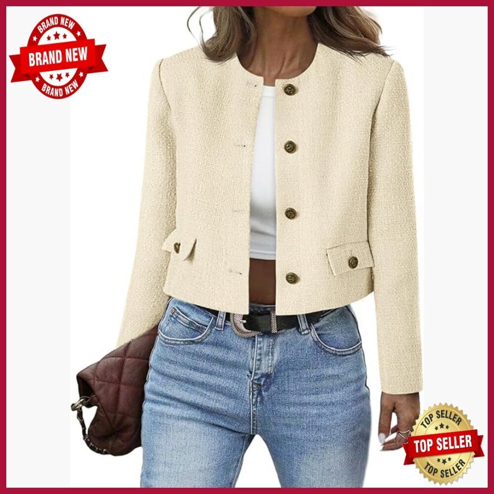 Cropped Tweed Blazer Collarless Button Down Bomber Jacket Business Casual
